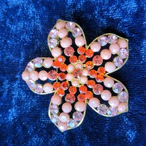 Vintage flower brooch with rhinestones in pink and coral colors